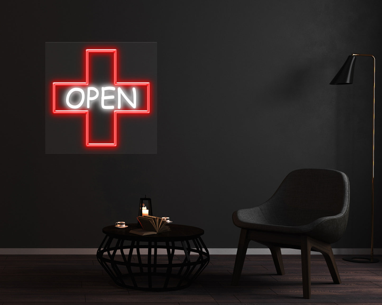 Open with Cross Square Neon Sign