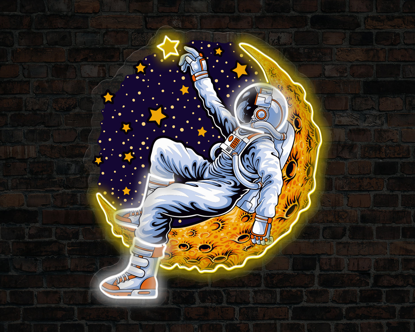 Astronaut on Golden Moon Neon Sign