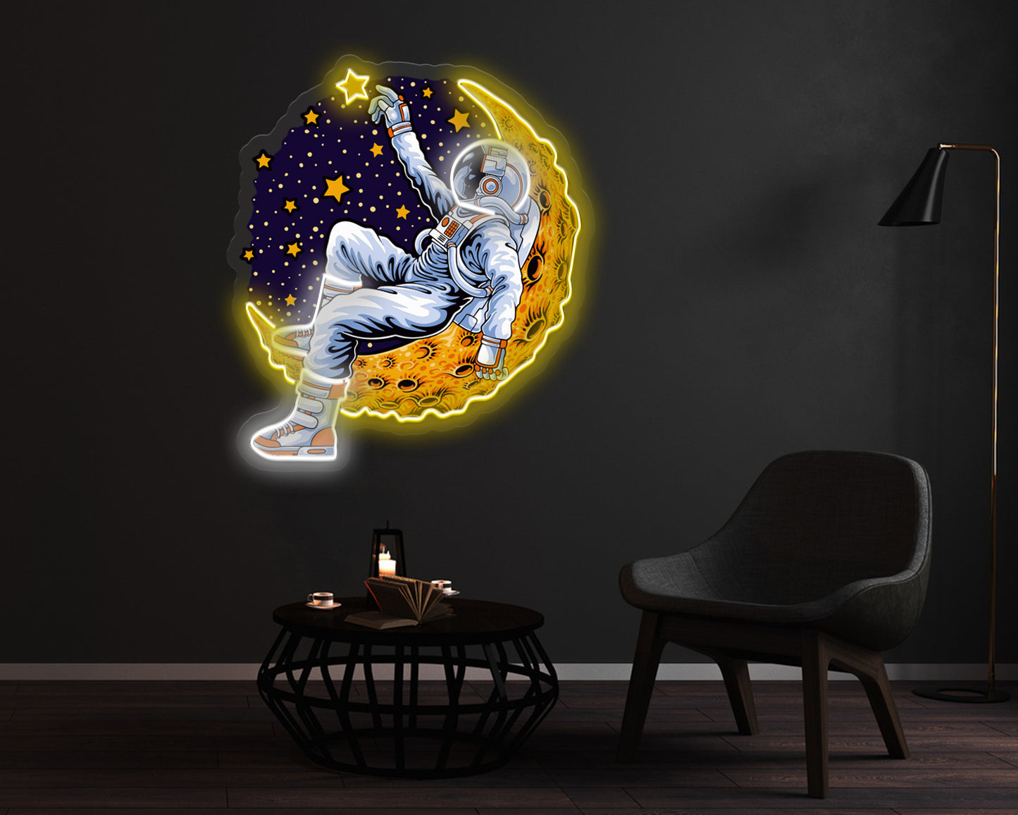 Astronaut on Golden Moon Neon Sign